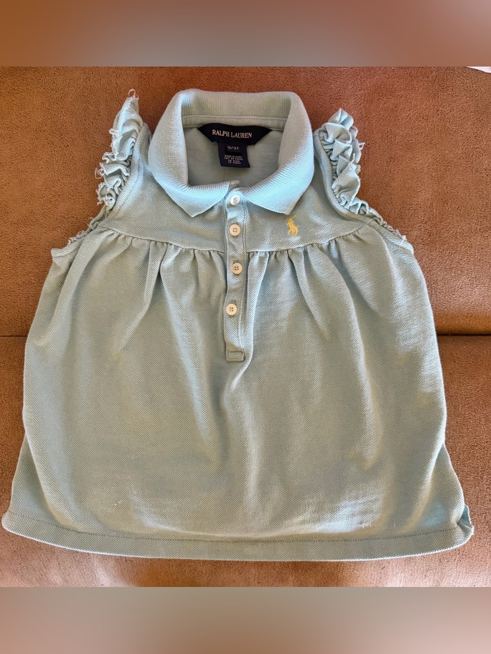 Ralph Lauren ToddlerBlue ruffle Sleeveless Collared Polo Top 3T Embroidered Logo